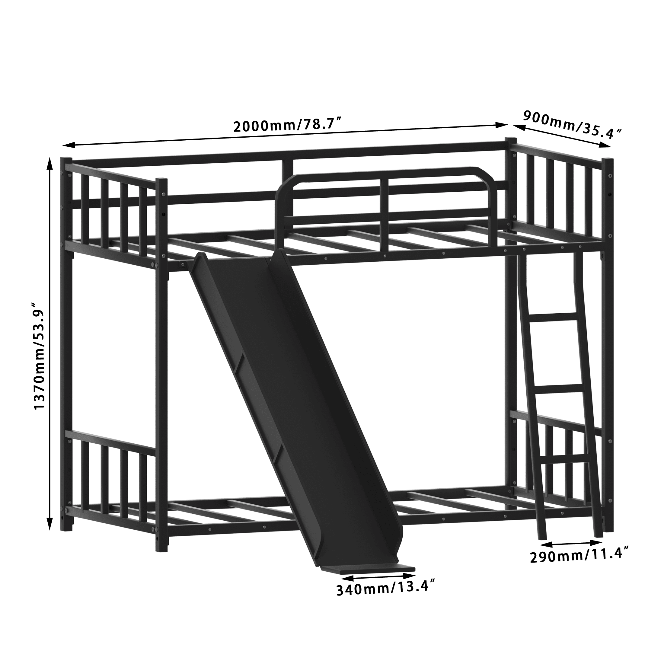 Bunk Bed 78.7 Inch, Metal Bed Frame with Ladder and Slide for Kids, Space-Saving Twin Bed for Children's Bedroom, Black