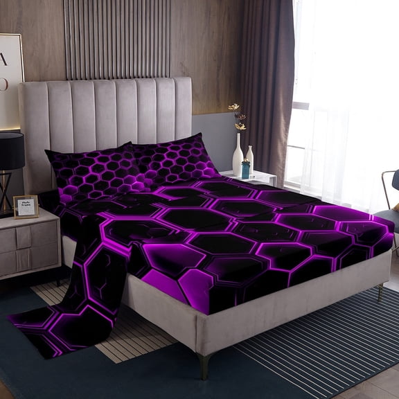Erosebridal Neon Purple Honeycomb Bed Sheets Set Twin Size, Geometric Hexagon Bedding Sets Twin Size, Black Bedroom Decor 3pcs