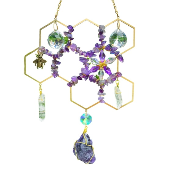 Washranp Suncatcher Window Hanging,Sparkling Reflective Honeycomb Light with Faux Crystal Prisms Hive for Home Indoor Outdoor Catcher Garden Ornament