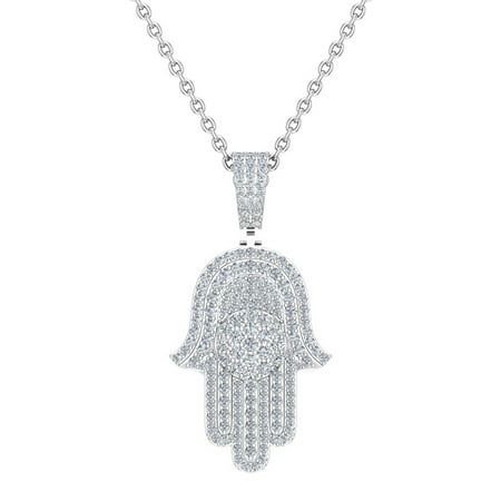 Hamsa Hand Pendant Round Brilliant Diamond Necklace For Men/Women 14K White Gold 2.00 Carat 20'' (L,I2)