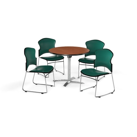 Ofm Multi Use Break Room Package 42 Round Flip Top Table With Vinyl Stack Chairs Cherry Finish With Teal Seats Pkg Brk 055