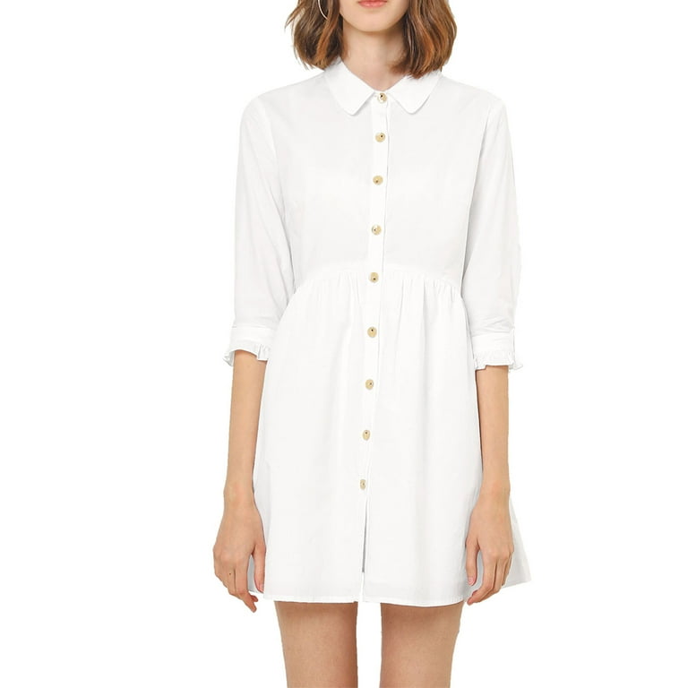 Unique Bargains Women's Elegant Collar Flare 3/4 Sleeve Button Mini Shirt  Dress White M