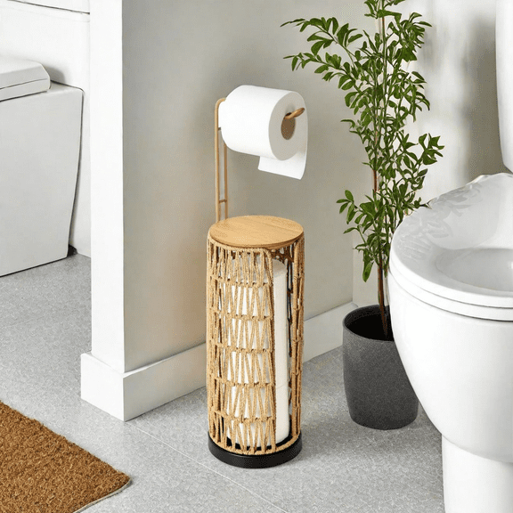 MIDODO Freestanding Toilet Paper Holder with Storage, 3 Rolls of Tissue Holder for Bathroom, Rattan Boho Handmade Woven Toilet Paper Roll Holder Stand