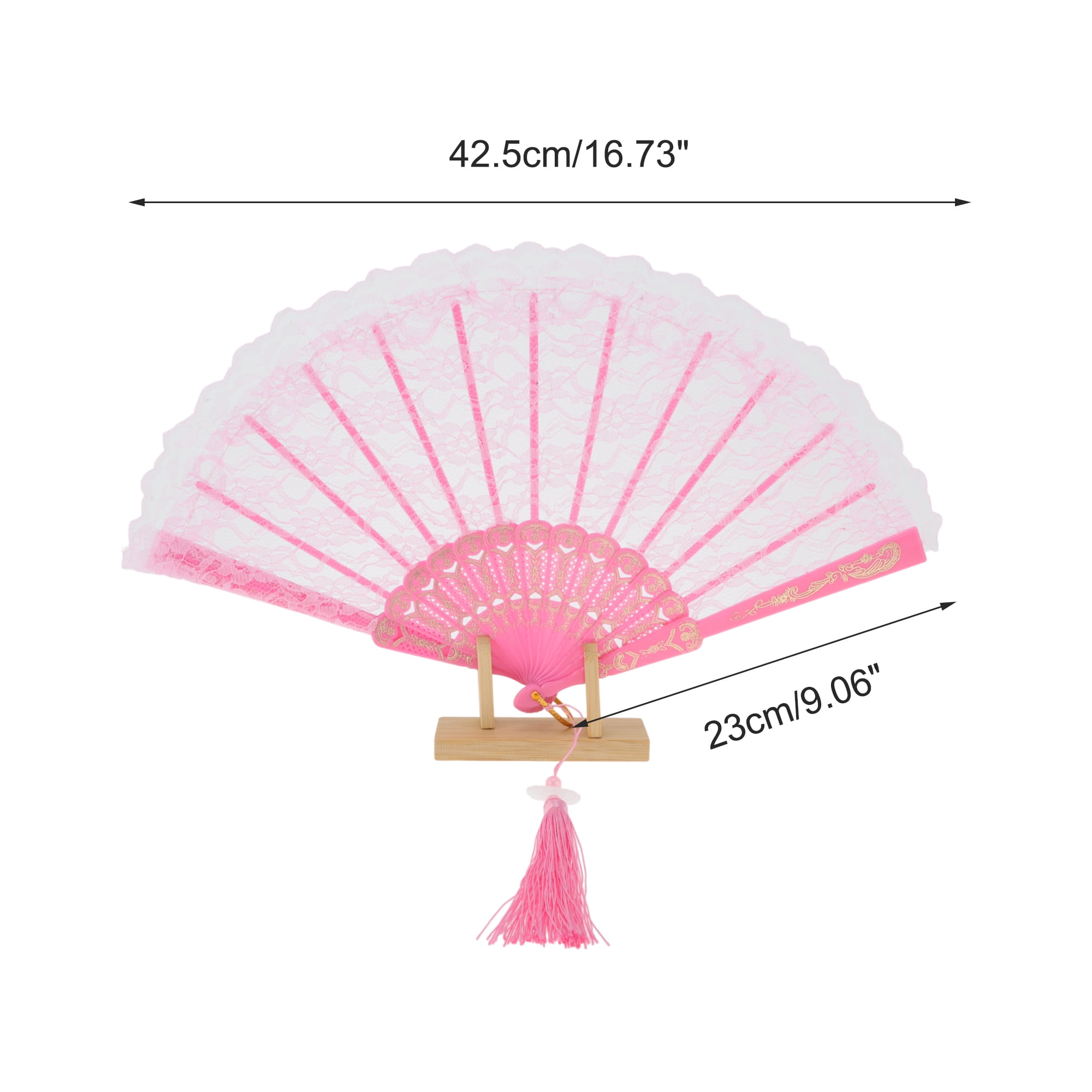 Unique Bargains Lace Trim Orchid with Tassel Folding Fan 1 Pc Pink