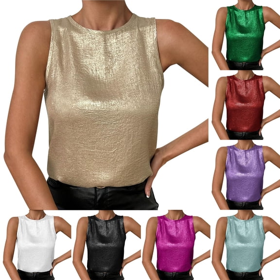 Women's Shiny Tank Top Solid Color Round Neck Sleeveless Casual Summer Tops Tank Shirts Loose Fit Shiny Blouses Wedding Vest Black L