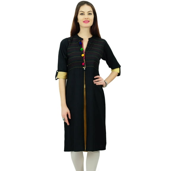 Phagun Womens Indian Ethnic Rayon Black Kurti Tunic Designer Pom - Pom Kurta - 14