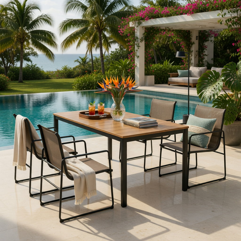Hommoo 4-Piece Outdoor Dining Chair Set, Breathable Fabric Patio Chairs with Powder-Coated Steel Frame, Brown+Black
