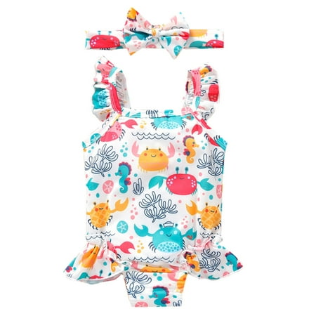 

Shakub Kids Baby Girls Bathing Suits One Piece Ruffle Monokini + Bow Headband Set Beach Swimsuits Beachwear