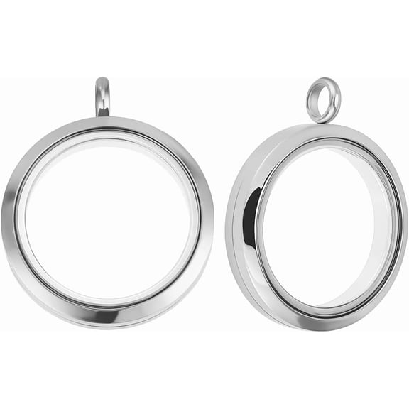 1 Box 2Pcs Glass Locket Pendant Charm 304 Stainless Steel 30mm Flat Round Floating Memory Necklace Charm for Jewelry Necklace Making