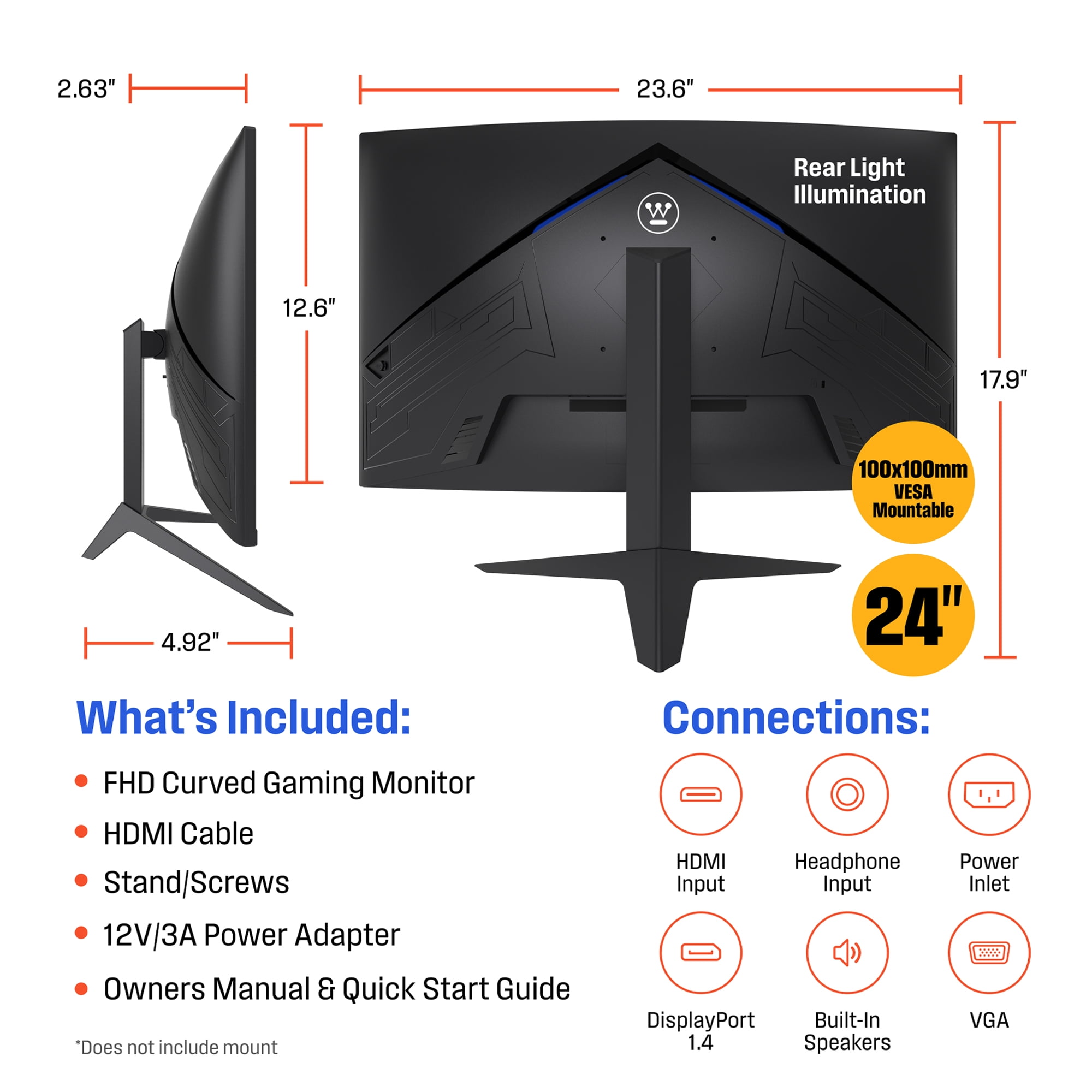 Westinghouse 24 Inch Curved Gaming Monitor, 165Hz, 1ms, FHD 1080P, 3000:1 Contrast Ratio, 110% sRGB, 1500R, AMD FreeSync, Eyecare, for PC Games with Built-in Speakers, VESA, DisplayPort, HDMI