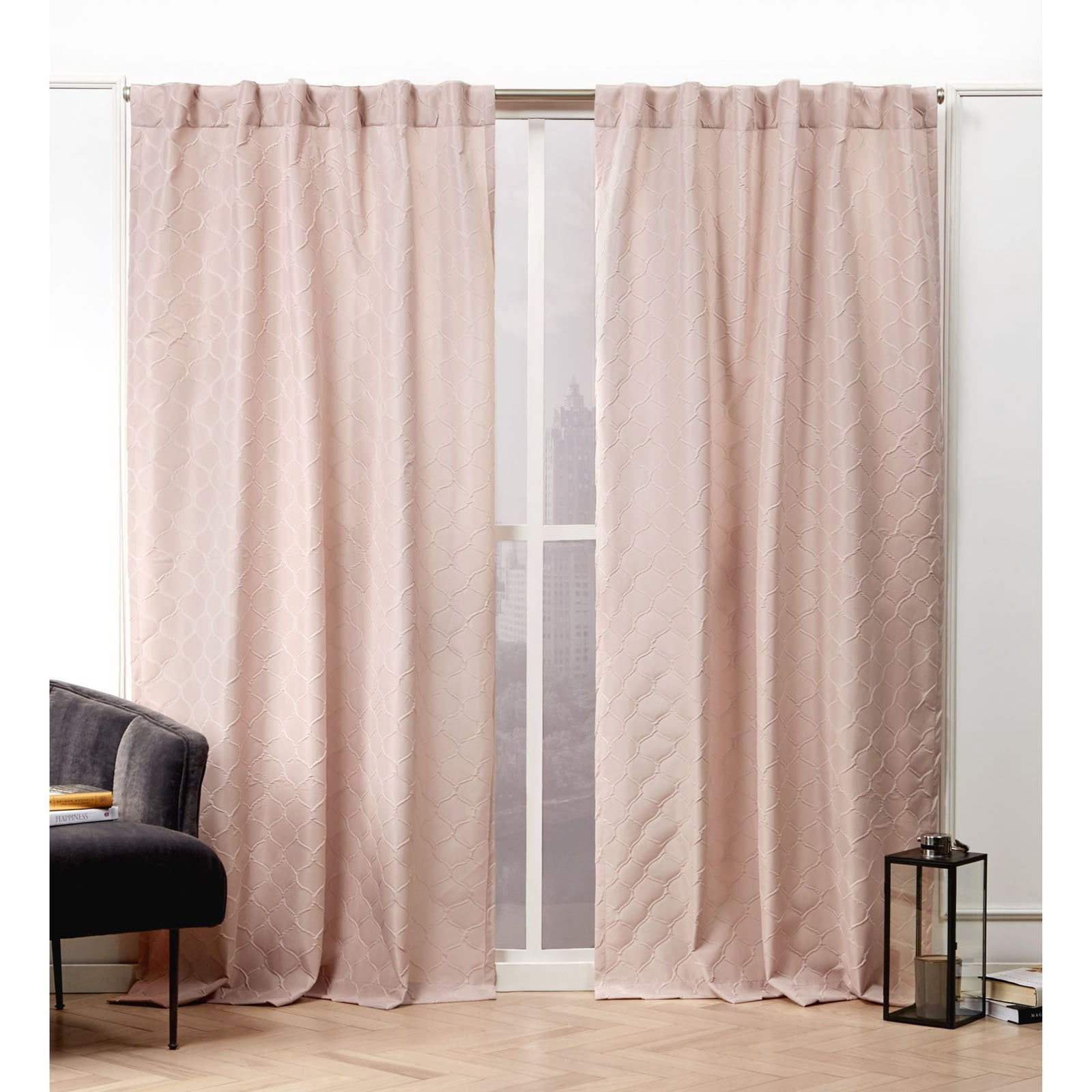 Nicole Miller Trellis Matelassé Hidden Tab/Rod Pocket Top Light Filtering Curtain Panel Pair, 54"x84", Blush