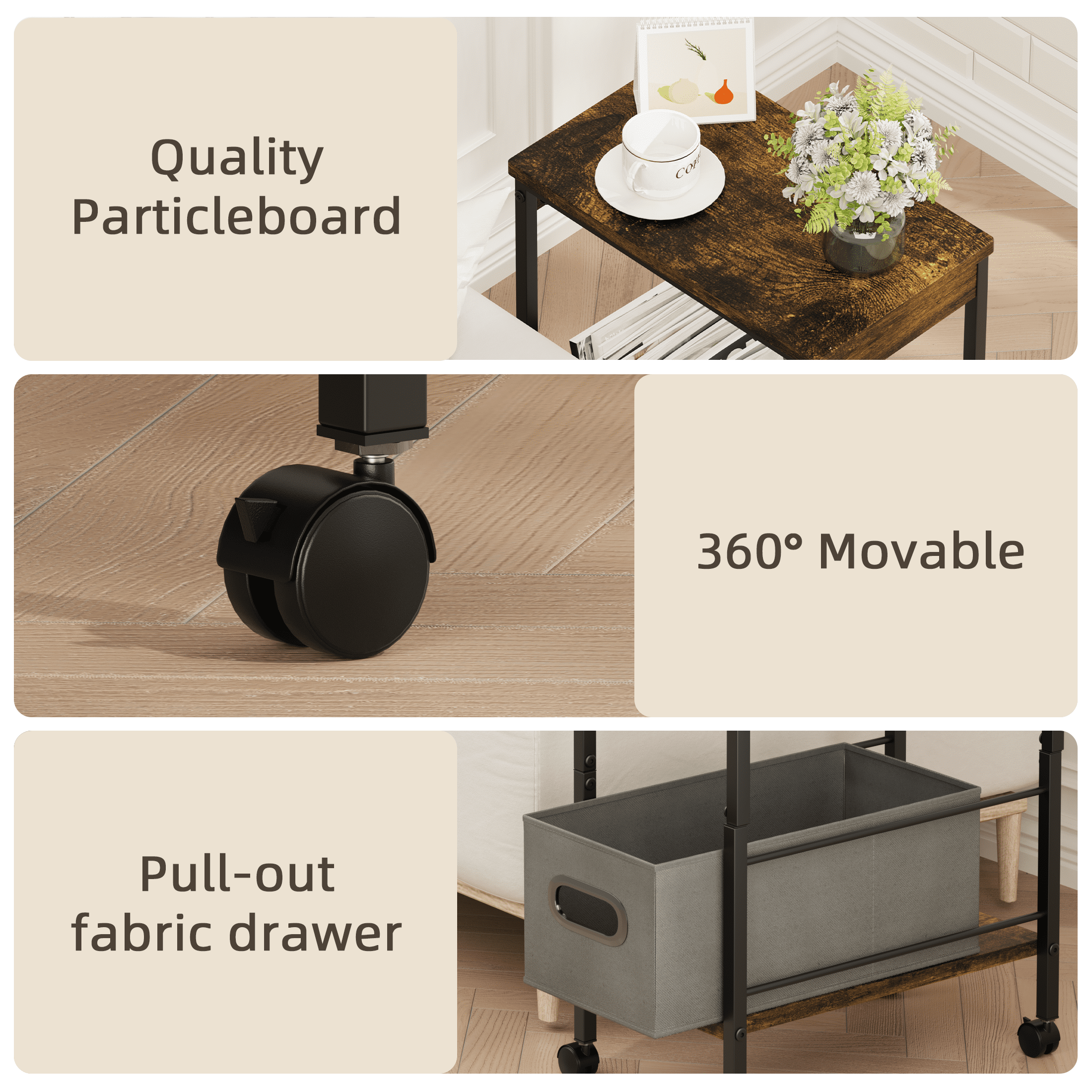 Narrow End Table Living Room with Wheel, Side Table with Fabric Drawer, Slim Nightstand for Bedroom, Small Spaces