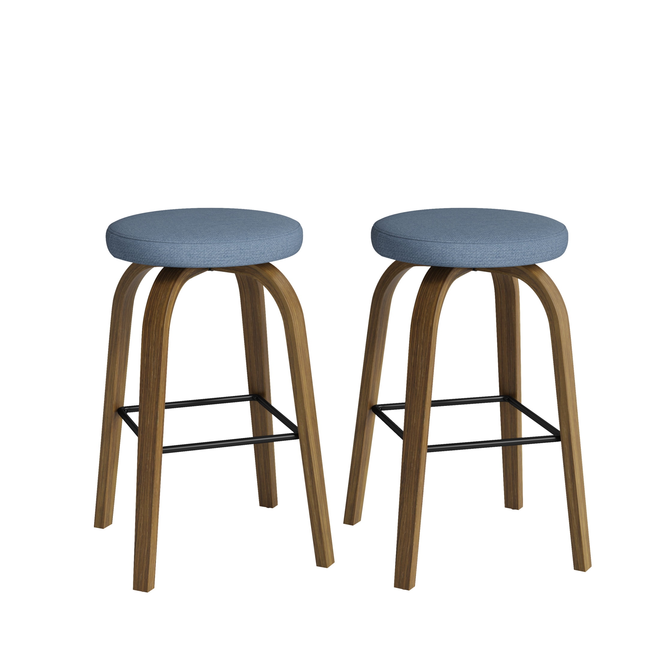 Noble House Florin 30" Swivel Backless Counter Height Bar Stools with Upholstered Seat & Bentwood Legs, Blue, Set of 2