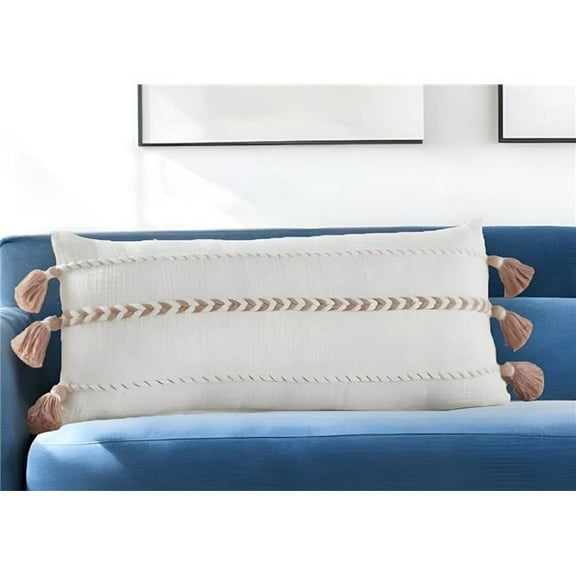 HomeRoots 527947 12 x 30 in. Pink & White Striped Cotton Throw Pillow with Tassels