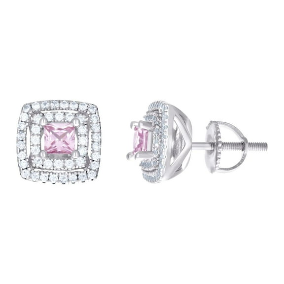 925 Sterling Silver Womens Pink White Princess-cut Round Cubic Zirconia Square Stud Earrings 9.8x10.2mm Wide Stud Earrin