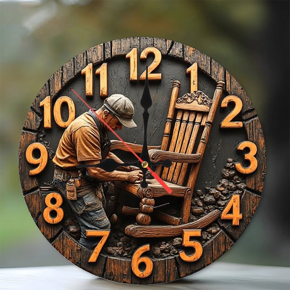 Wood Carving Craftsman Rocking Chair Clock Wall Decor 10-Inch Silent Wooden Wall Clock, Battery Operated (AA Batteries Not Included), Artistic Home Decor