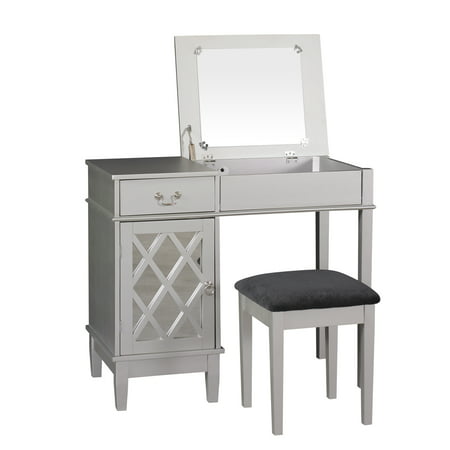 linon lattice bedroom vanity set including stool and flip top mirror,  silver finish