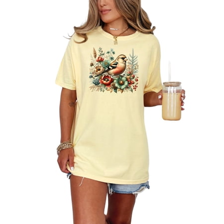 Nature Bird Illustration T-Shirt Vintage Floral Bird Tee Artistic Wildlife Shirt for Women Trendy Graphic Animal Top Summer Casual Butter Comfort Colors T-Shirt 2XL