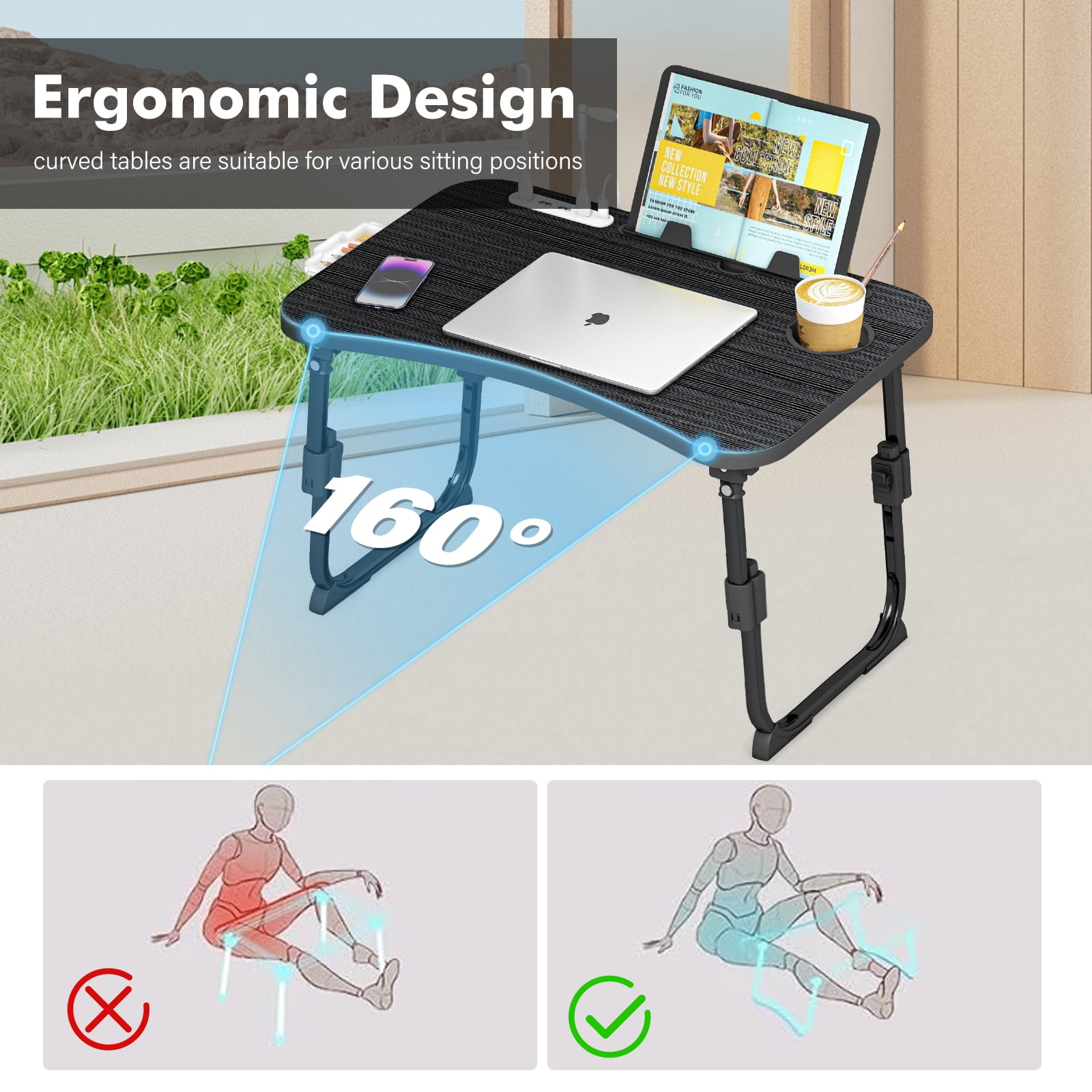 Foldable Laptop Desk,Height Adjustable,with USB/Storage Drawer/Cup Holder/Tablet Stand/Book Shelf for Reading,Writing,Eating,Watching,Black