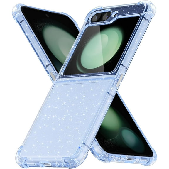for Samsung Galaxy Z Flip 5 Case Clear Glitter, Cute Sparkle Bling Sparkly Shiny Cover for Women Aesthetic Design, Transparent Thin Slim Flexible Soft TPU Rubber, Non-Yellowing, Light Blue