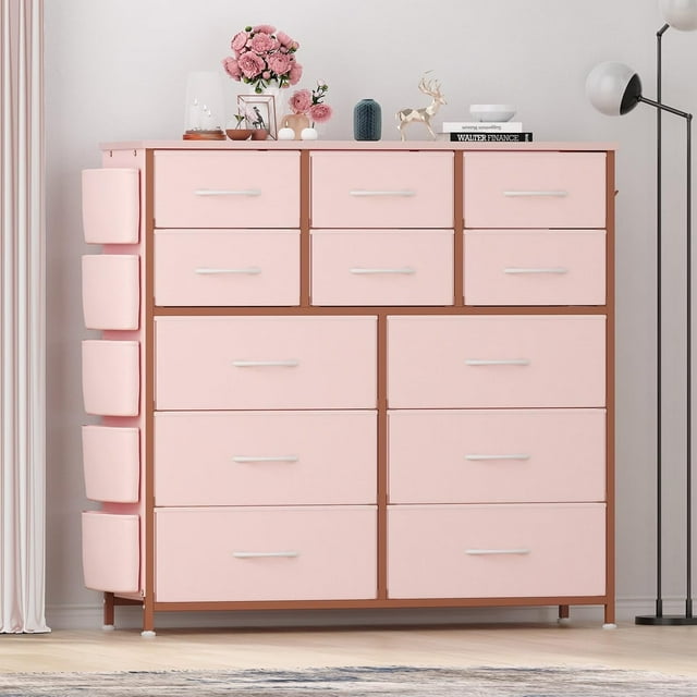 12-Drawer Dresser with Fabric Drawers, Wood Top, Side Pockets
