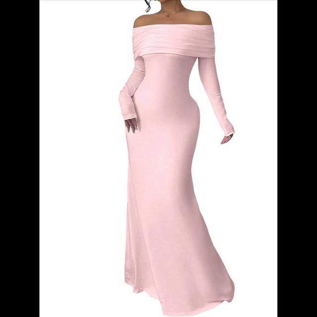 Vestido Ajustado de Larga con Hombros Descubiertos para Mujer, Elegante Vestido para Cóctel o Fiesta Rosa XL