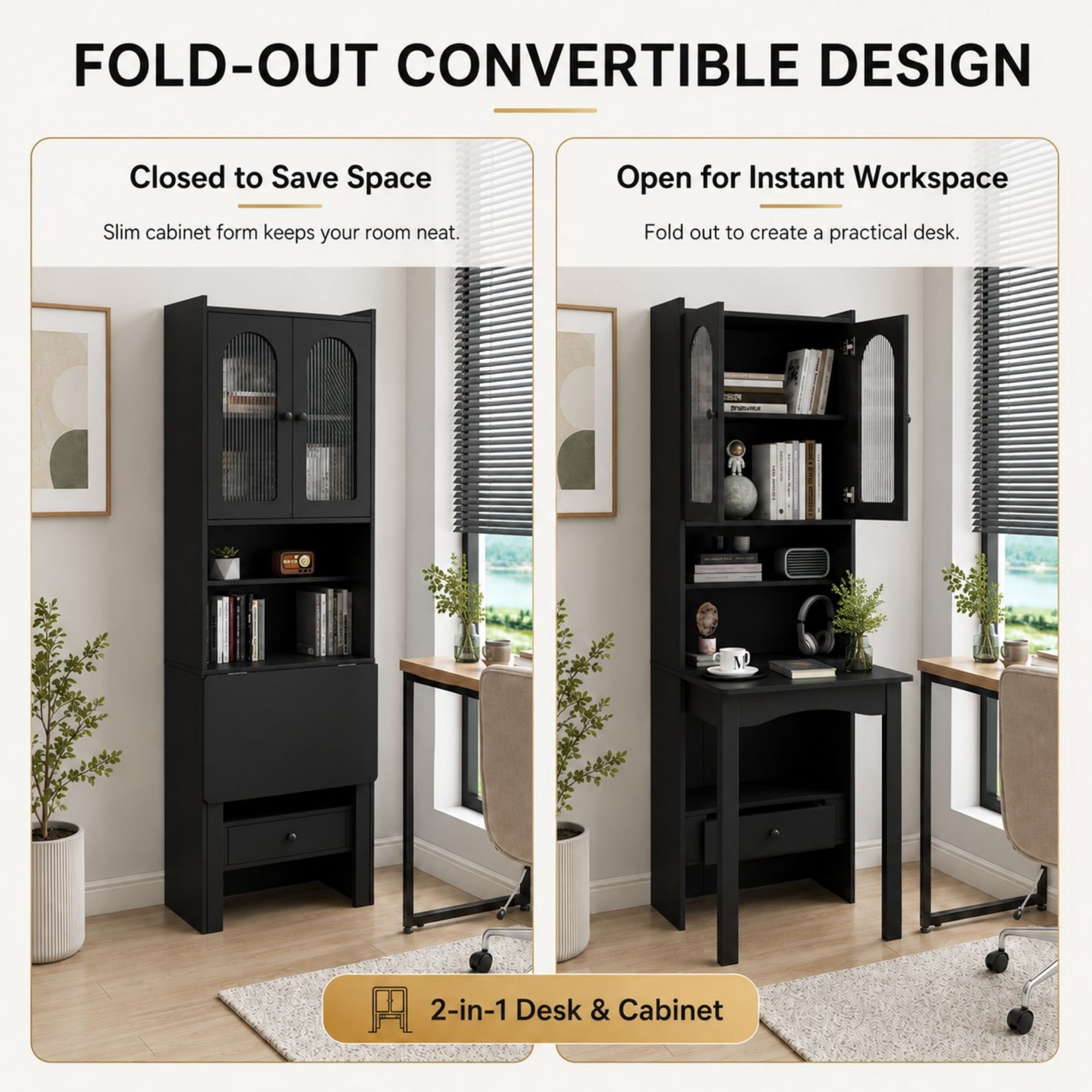 DEALTOPS 70.9-Inch Slim Fold-Out Desk Cabinet with Bookshelf and Drawer, Convertible Writing Desk, Black