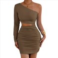 thumbnail image 3 of Vestido Mini de Cóctel con Volantes y Larga para Mujer, Moda 2025, con Hombros Descubiertos y Caderas Estrechas. Café Ligero M, 3 of 10