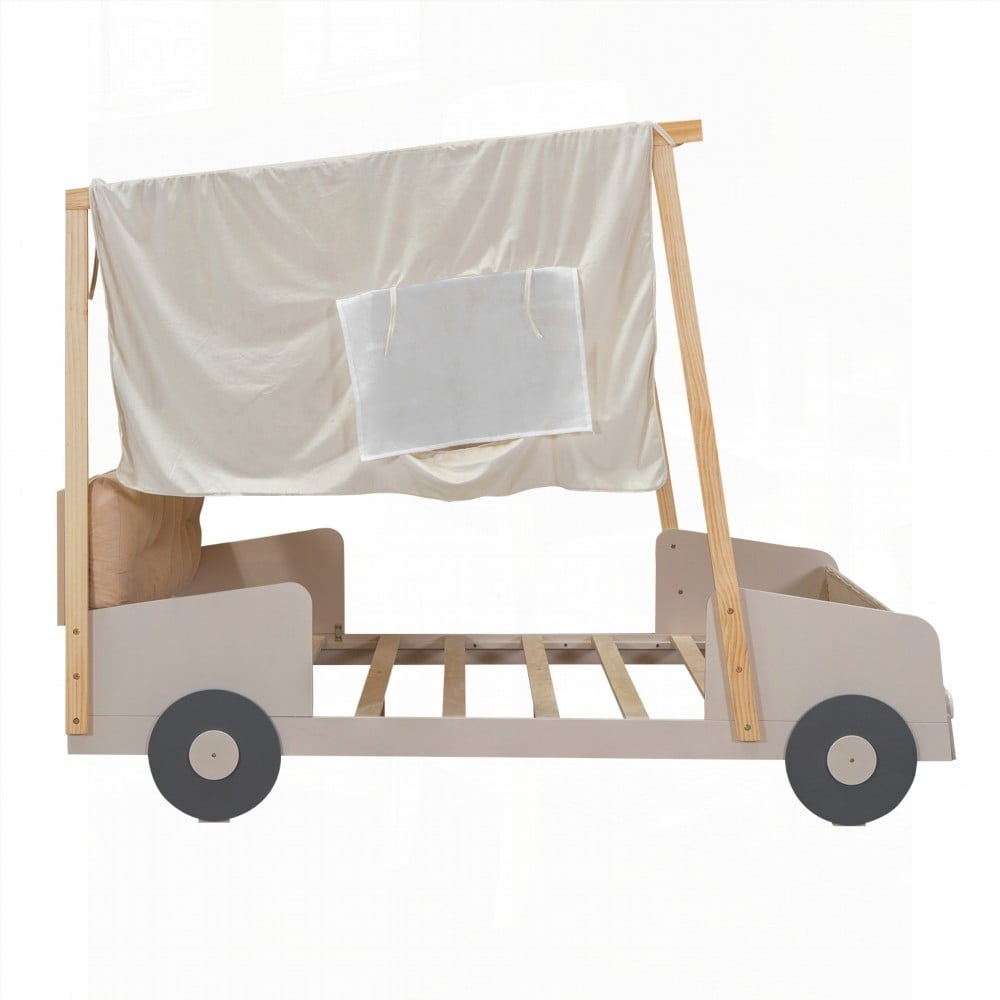 Full Size Wood Car Bed with Pillow & LED Lights, Natural & Sturdy