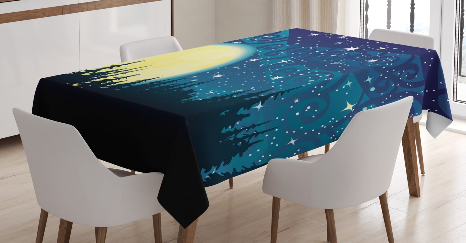 Starry Night Tablecloth, Full Moon over the Forest Sky with Stars Dots ...