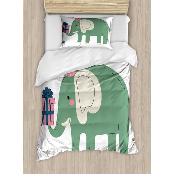 Teal Animal Duvet Cover Set, Birthday Animal with Hat and Gift Box, Decorative 2 Piece Bedding Set with 1 Pillow Shams, Twin Size, White Laurel Green Pink, by Ambesonne