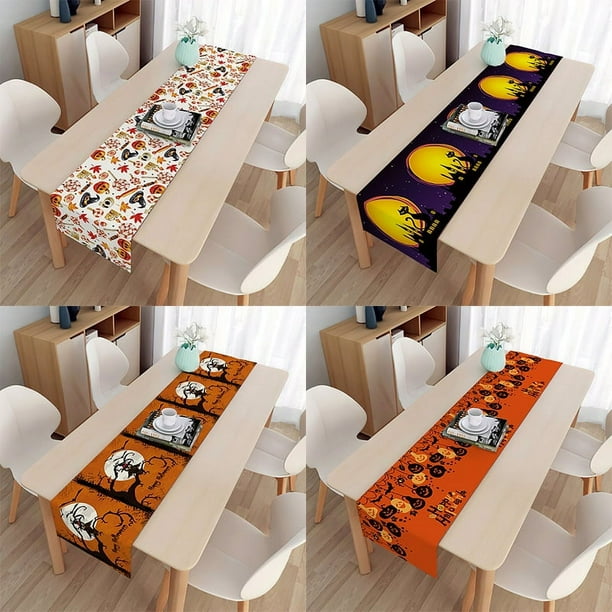 Camino de mesa de Halloween de 4 piezas: 72" x 13". Mantel de Halloween para decoración de fiestas de Halloween en el hogar, la cocina