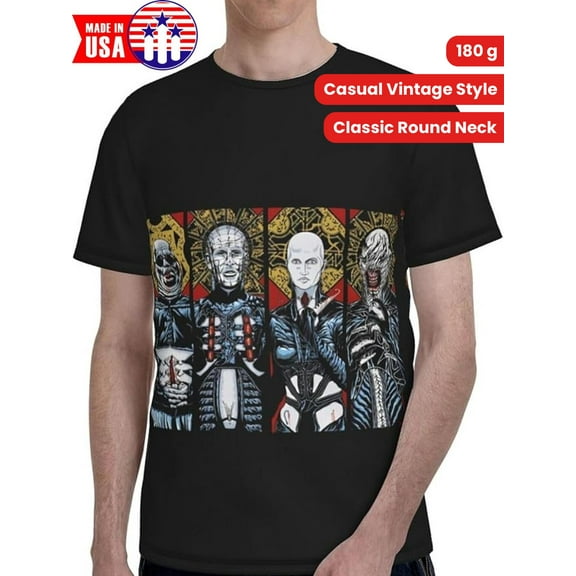 Hellraiser-Inspired Men's T-Shirt - 100% Made in USA, 180g Cotton, Short Sleeved, Full Width, Double-Sided Graphic Print, Casual Vintage Style Top, Casual Wear Tee|Classic Round Neck|100% Cotton