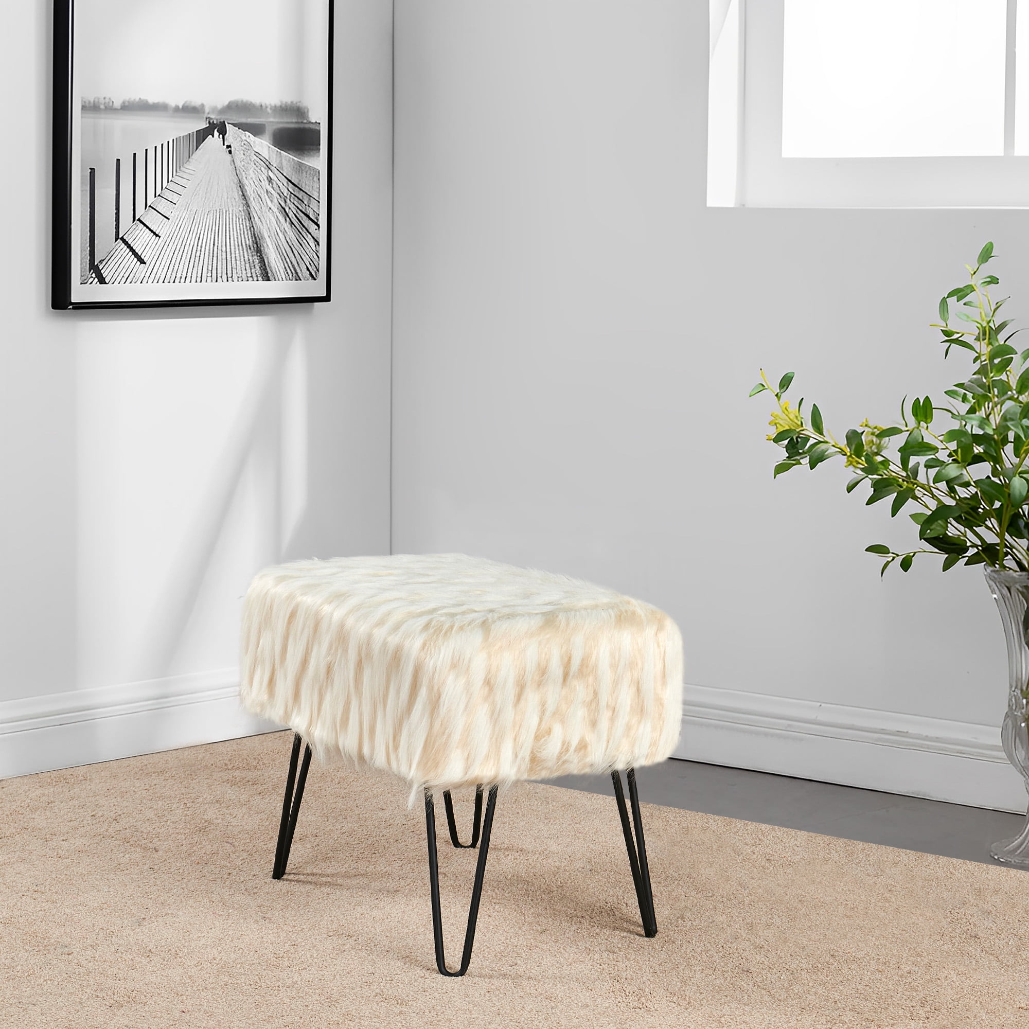 Home Soft Things Feathery Faux Fur Stool Chair Upholstered Footrest Ottoman with Black Metal Legs and Padded Seat, Ivory, 19" x 13" x 17"