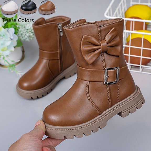 Girls Mid Calf Leather Boots, Little Kids Side Zipper Fashion Martin Booties, Soft Non Slip Princess Short Boots for Little Girls Daily Outdoor Wear Brown 3 Big Kids(36)
