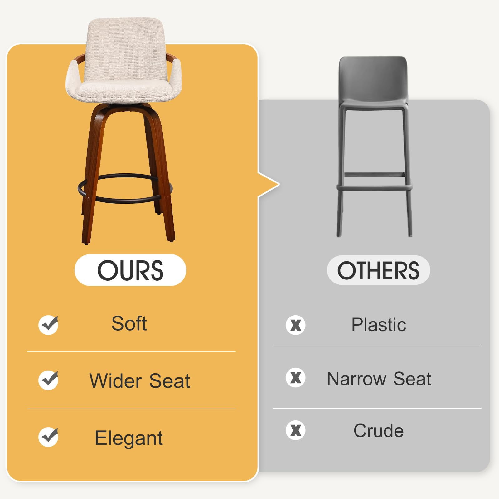 JULY'S SONG 26" Swivel Counter Height Bar Stools with Back Sets of 4, Mid Century Barstools with Wooden Legs, Beige