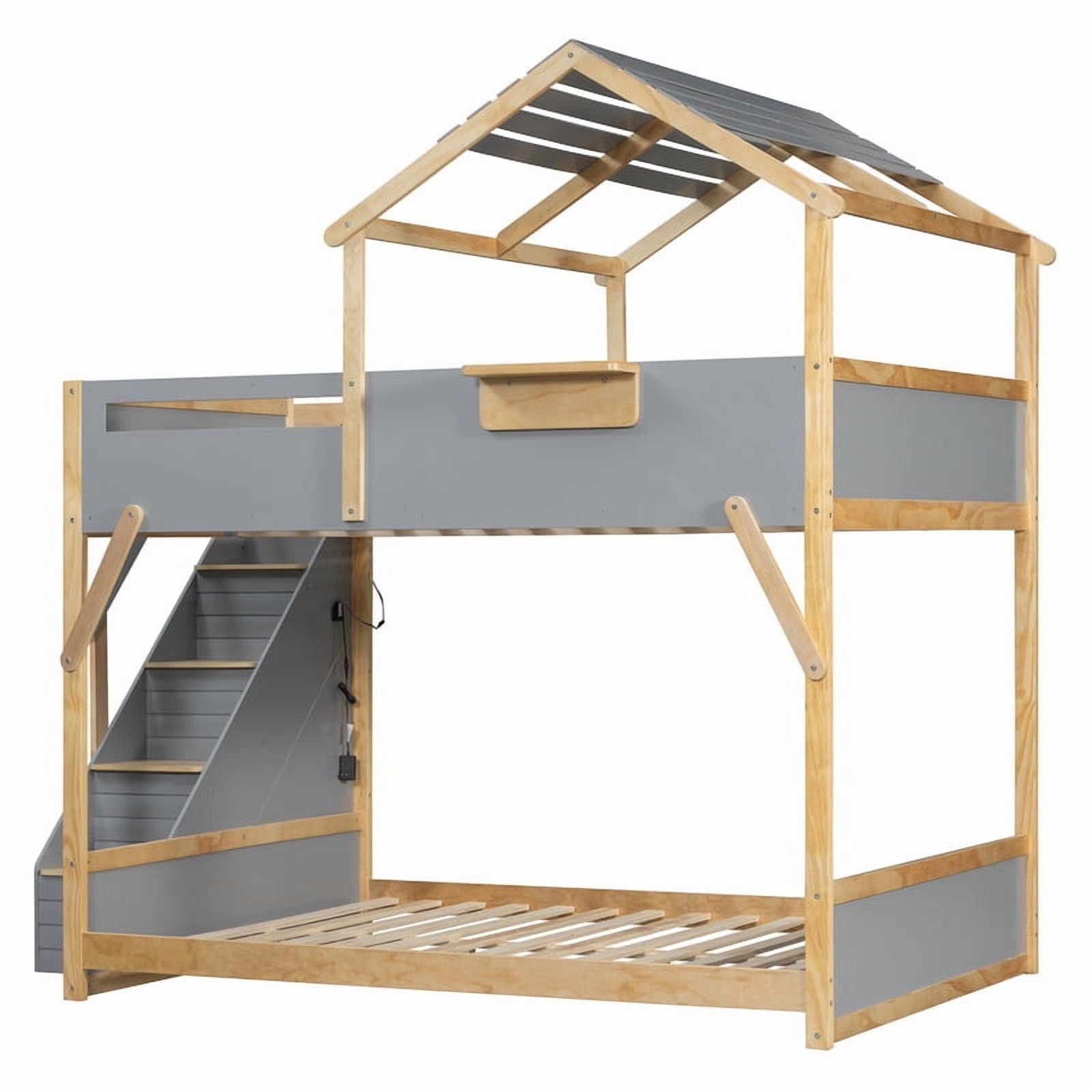 Full over Full House-Shaped Bunk Bed with Roof & Stairs, Kids Bed Frame with 3-Color LED Lights & Bedside Storage Shelf