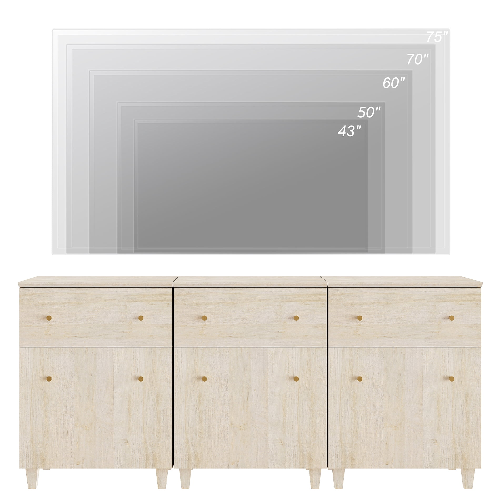 WAMPAT TV Stand Cabinets for 75+ Inch Flat Screen, 3-in-1 Modern Highboy Wooden Entertainment Center with 3 Drawers and Shelves, Light Oak