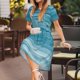 thumbnail image 3 of Fotbe Teal Turquoise Fluid Stripes Vestido Largo de Moda para Mujer, Vestido Tipo Camiseta con Manga Corta y Estilo Casual a Rayas y Bloques de Color, 3 of 6