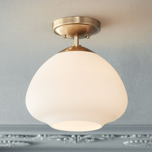 Possini Euro Design Orilla Modern Ceiling Light Semi Flush Mount Fixture 12" Wide Warm Brass Opal Glass for Bedroom Kitchen Living Room Hallway House