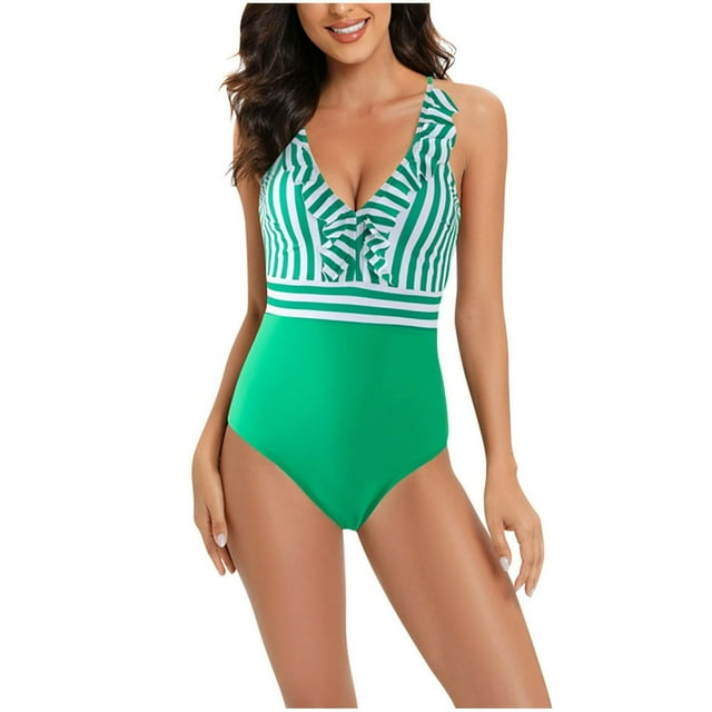 Womens One Piece Swimsuits Ruffled V Neck Monokini Colorblock Tummy Control Swimwear Bathing Suit