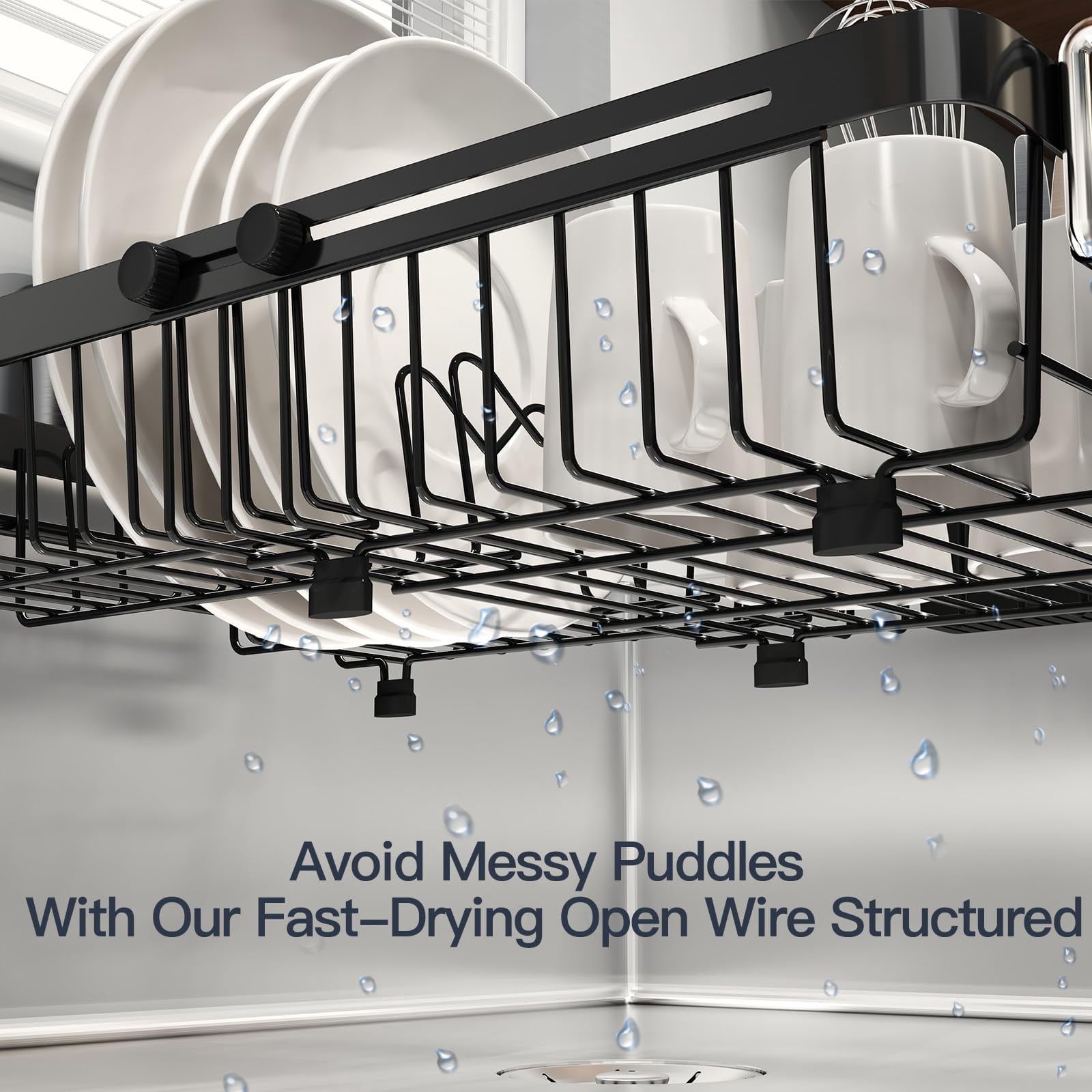 Expandable Stainless Steel Over The Sink Dish Drying Rack For Small Kitchen Counter Space Saving  Compact Rv Plate Drainer Strainer In Black Wire Metal With Hanging Adjustable Utensil Holder