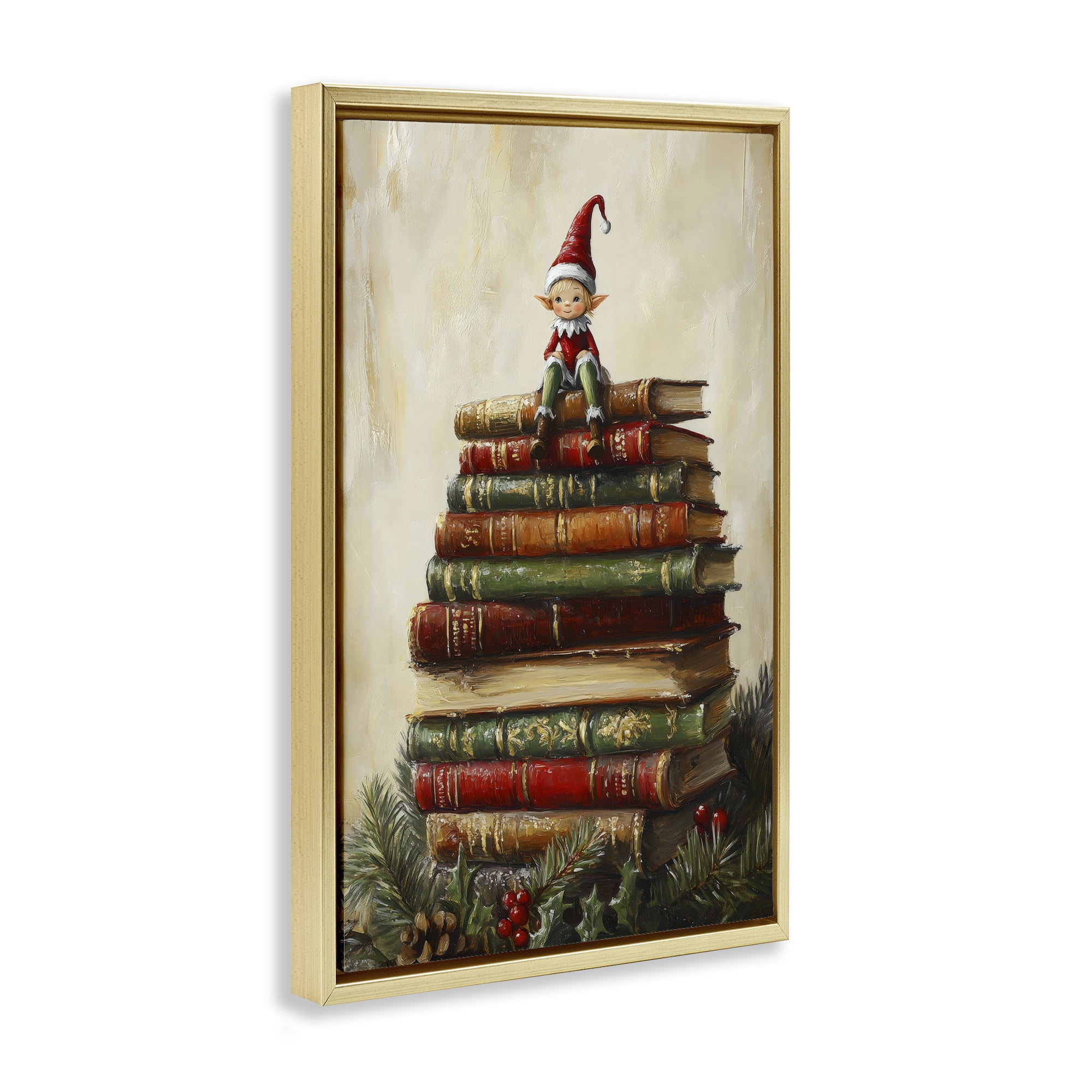Christmas Elf Bookstack Gold Framed Floater Canvas Wall Art, design by Petal Prints Design