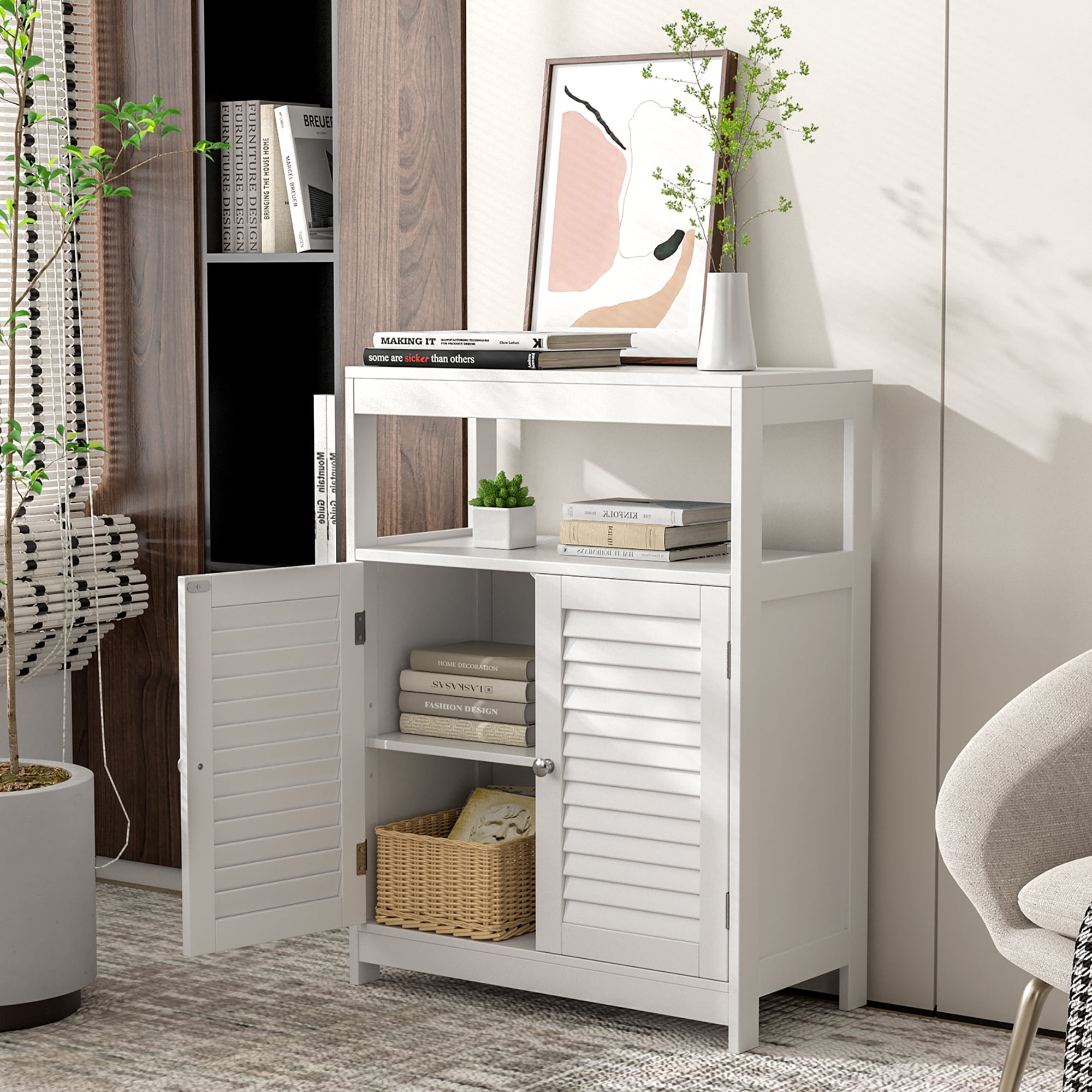 Costway Bathroom Floor Cabinet Free Standing Storage Organizer w/ Double Shutter Doors