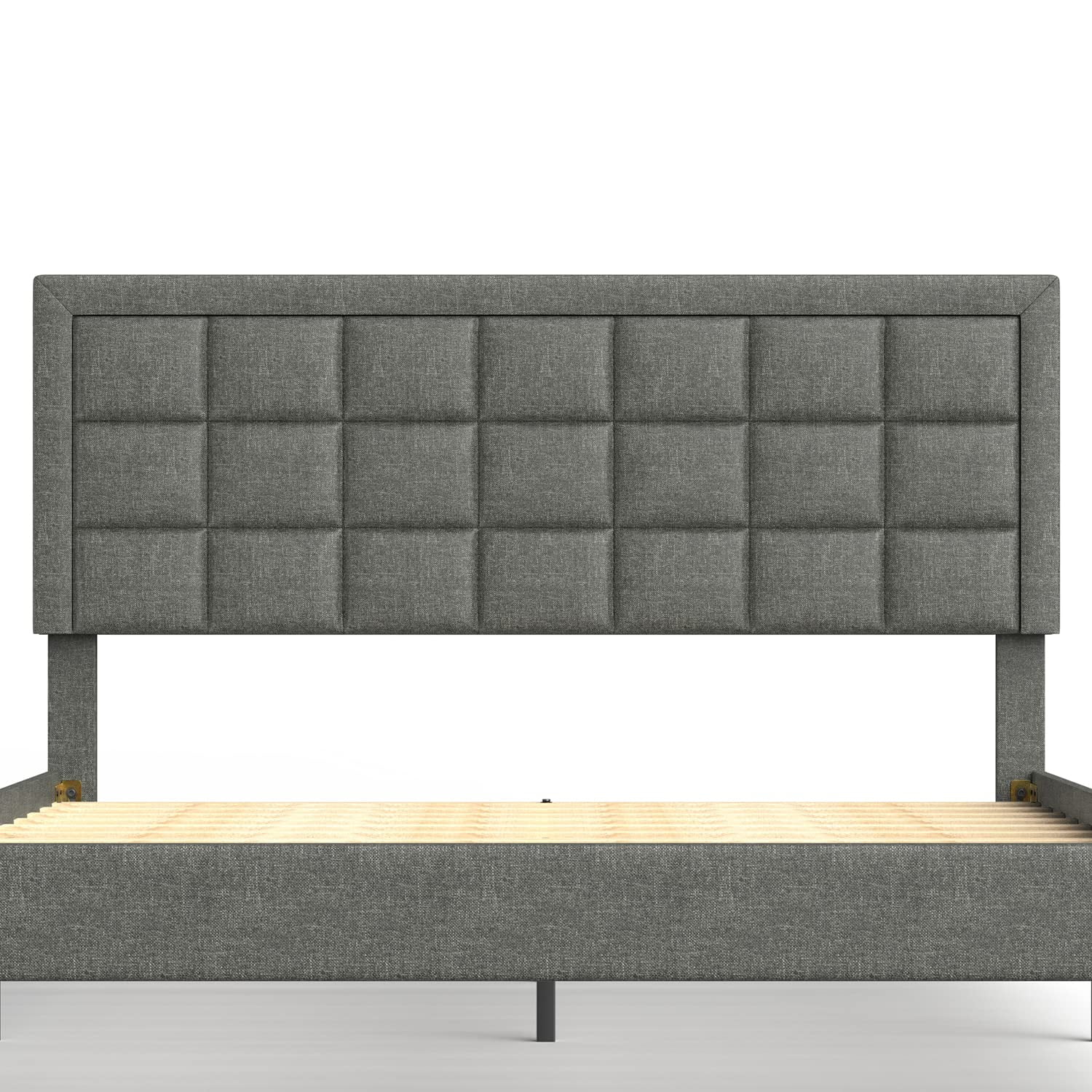 BONSOIR QUEEN Size Bed Frame Upholstered Modern Low Profile Platform with Tufted Headboard No Box Spring Needed Linen Fabric Charcoal Gray