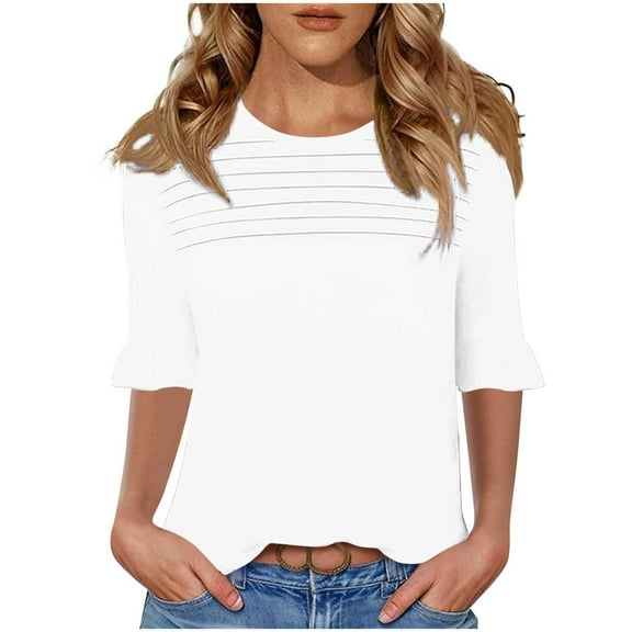 WMTBSRSW Pleated Tops for Women Ruffle 3/4 Sleeve Crewneck Basics Tees Casual Fashion Cute Shirts Business Work Tee Top