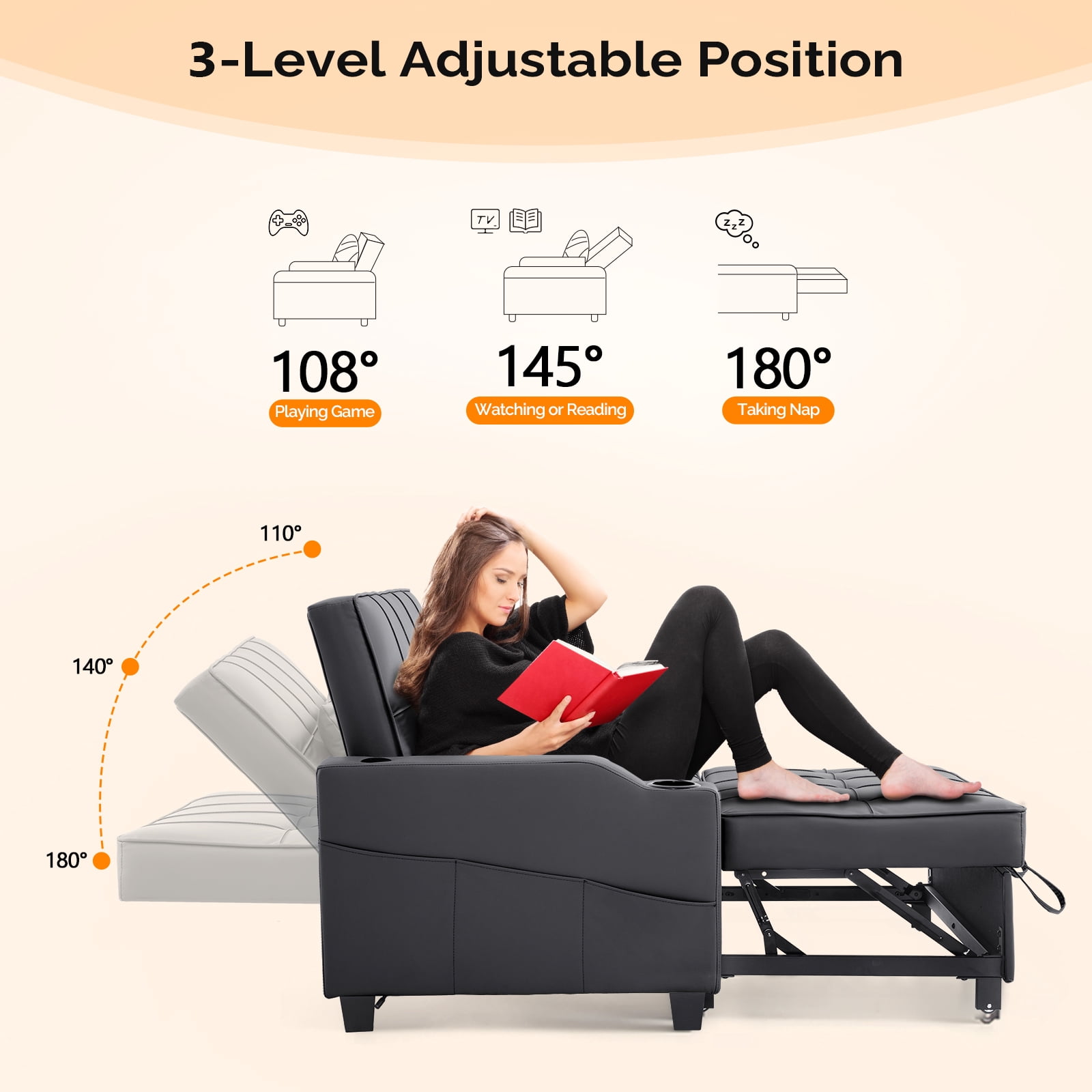 Ktaxon Faux Leather Loveseat Sofa Bed with Side Pockets, Adjustable Backrest Lounge for Living Room, Game Room Black