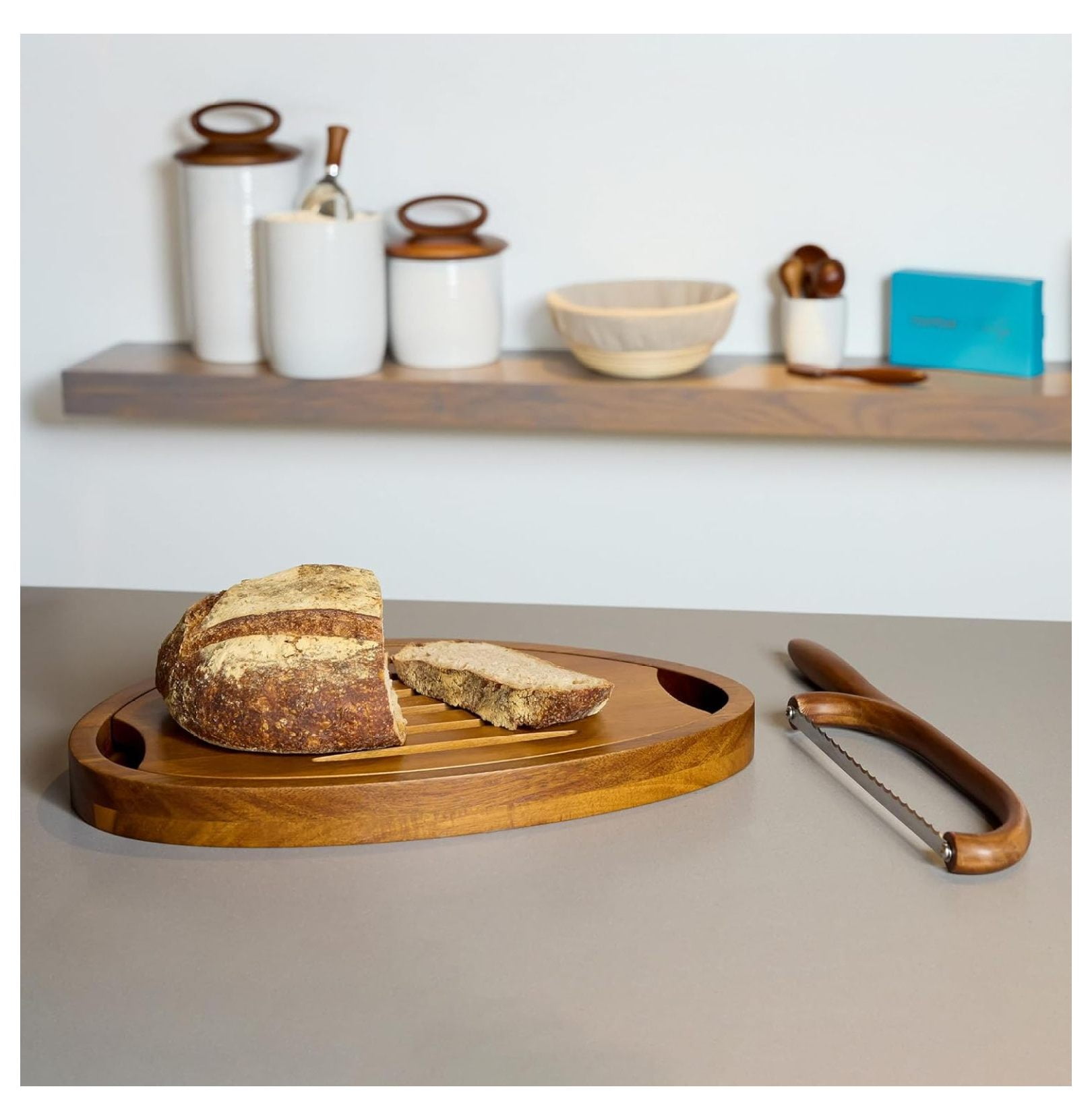 x Tom Papa Breaking Bread Cutting Board, 2-Piece Style Wood Bread Board with Nesting Crumb Tray, -Century Modern Serving Board for Slicing & Entertaining, 11.7” x 16”