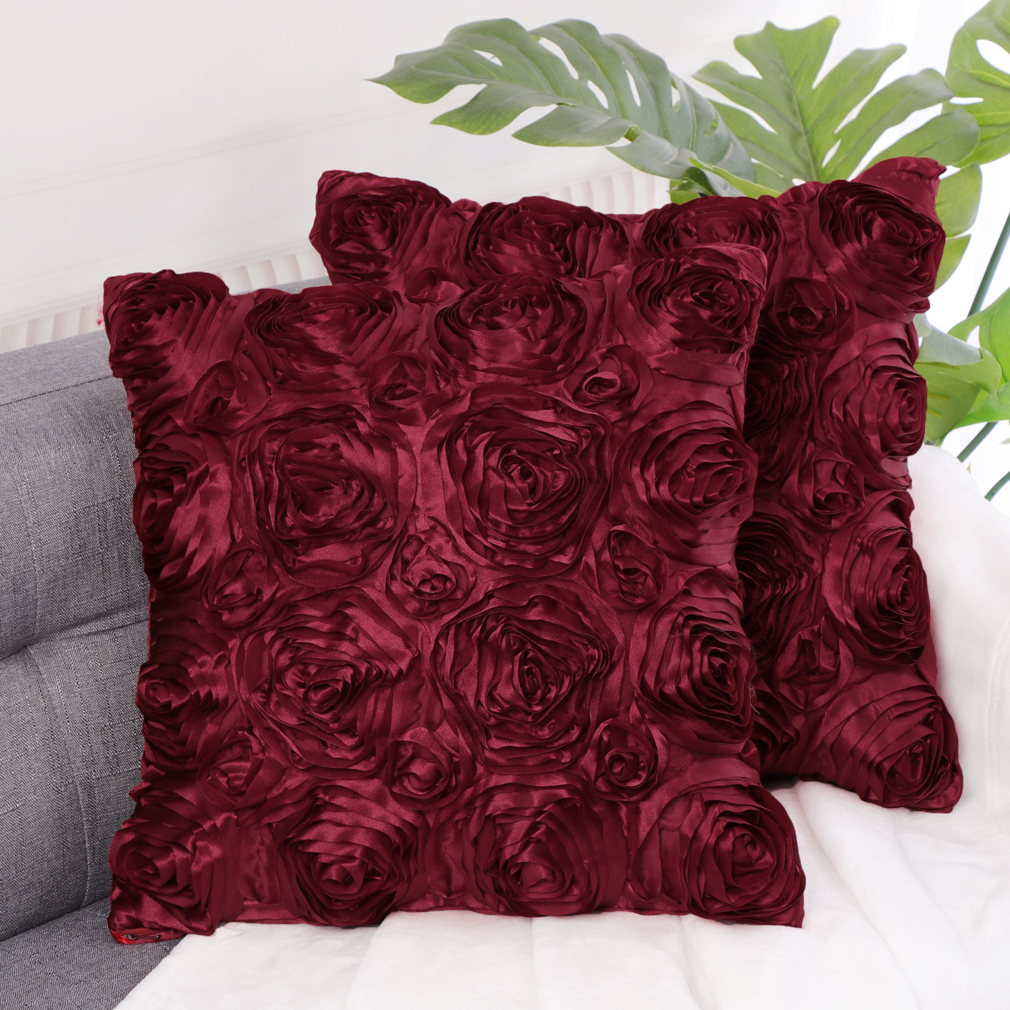 Unique Bargains 2-Pack 3D Flower Decorative Throw Pillow Covers 16" x 16" Burgundy