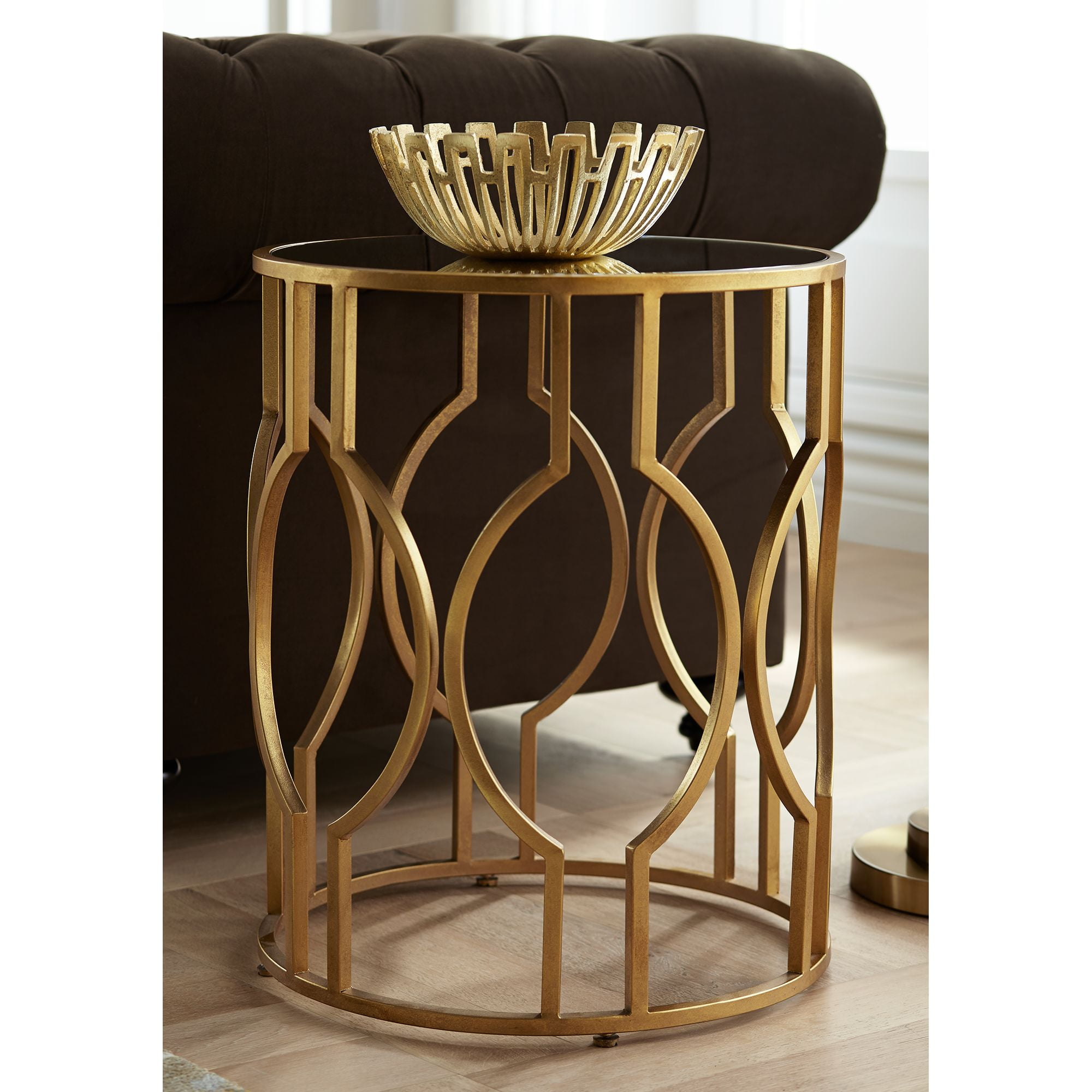 55 Downing Street Luxury Gold Leaf Metal Round Accent Side End Table 20